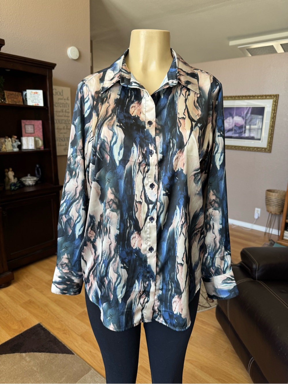 Boutique abstract marble print silky button up blouse-size M